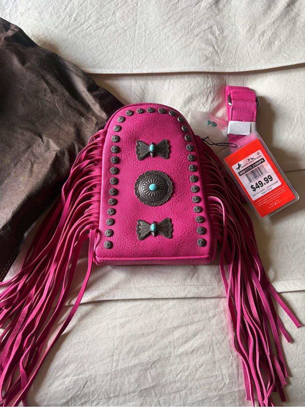 Montana West Fringed Pink Crossbody Bag with Turquoise Concho Accents